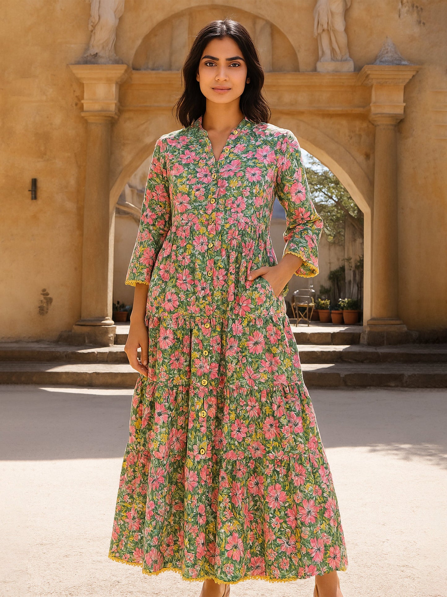 Women Green Floral Button Down Tiered Maxi Dress