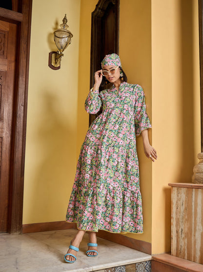 Women Green Floral Button Down Tiered Maxi Dress
