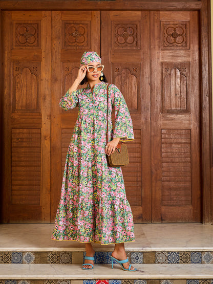 Women Green Floral Button Down Tiered Maxi Dress