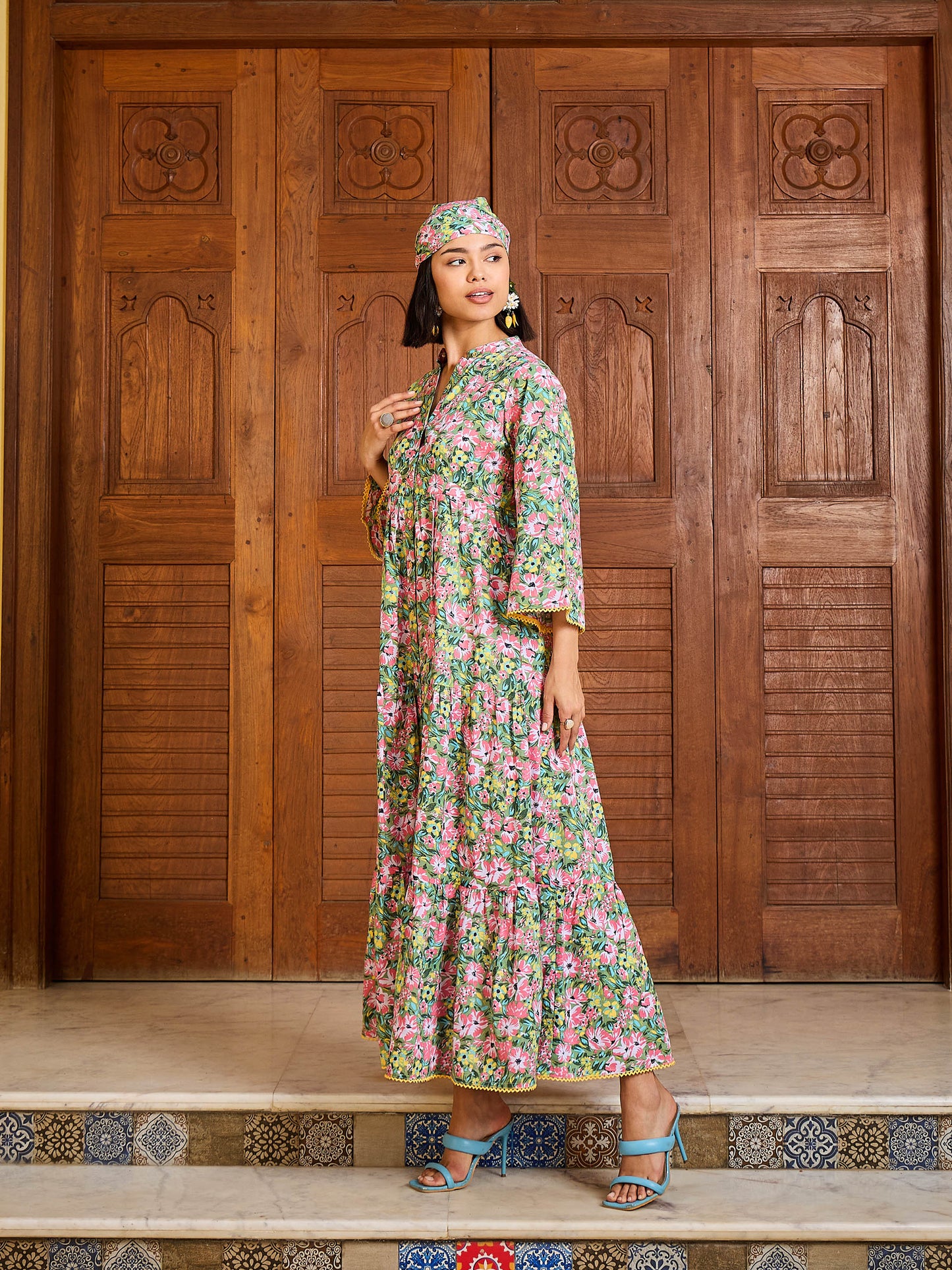 Women Green Floral Button Down Tiered Maxi Dress