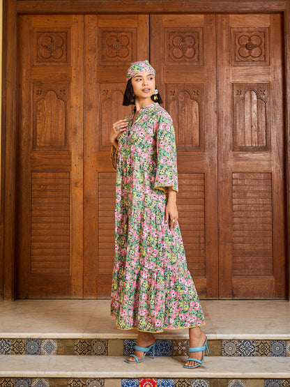 Women Green Floral Button Down Tiered Maxi Dress
