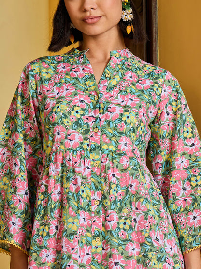 Women Green Floral Button Down Tiered Maxi Dress