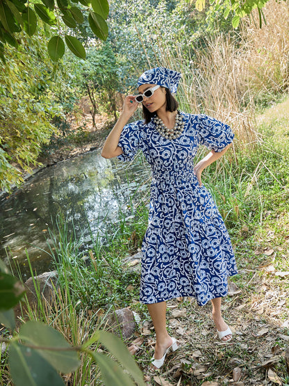 Blue & White V-Neck Puff Sleeves Midi Dress