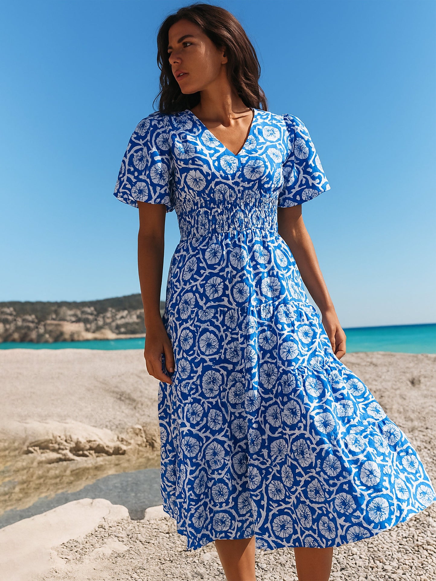 Blue & White V-Neck Puff Sleeves Midi Dress