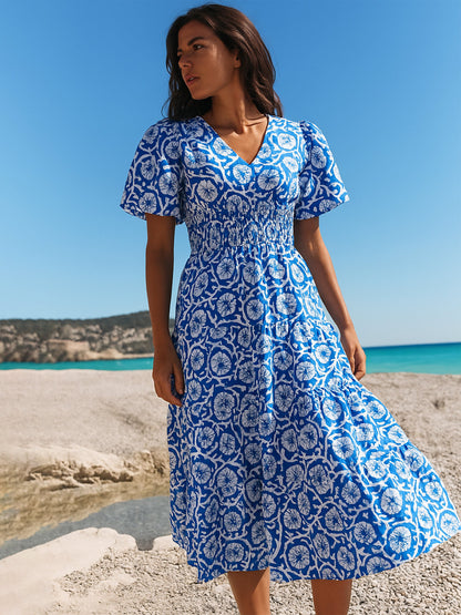 Blue & White V-Neck Puff Sleeves Midi Dress