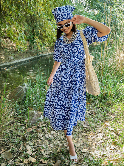 Blue & White V-Neck Puff Sleeves Midi Dress