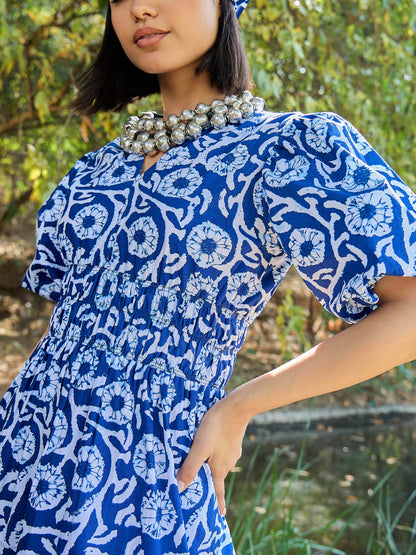 Blue & White V-Neck Puff Sleeves Midi Dress