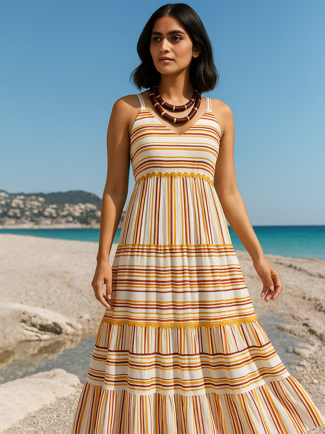 Women White &amp; Yellow Stripes Strappy Maxi Dress