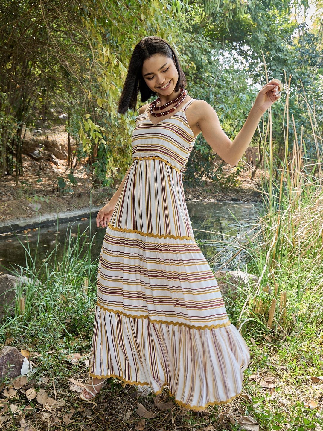 Women White &amp; Yellow Stripes Strappy Maxi Dress