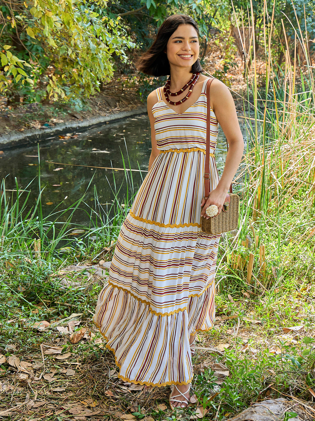 Women White &amp; Yellow Stripes Strappy Maxi Dress
