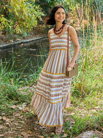 Women White & Yellow Stripes Strappy Maxi Dress