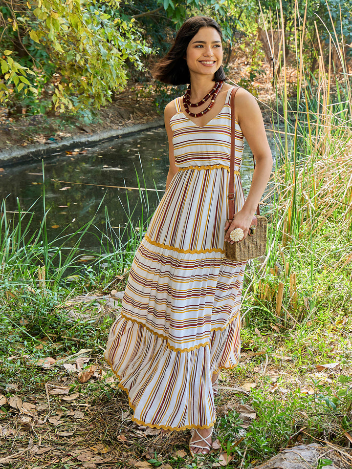 Women White &amp; Yellow Stripes Strappy Maxi Dress