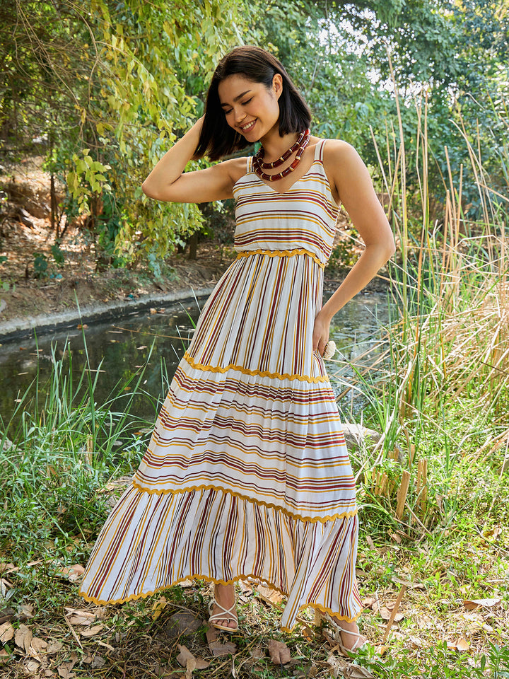 Women White &amp; Yellow Stripes Strappy Maxi Dress