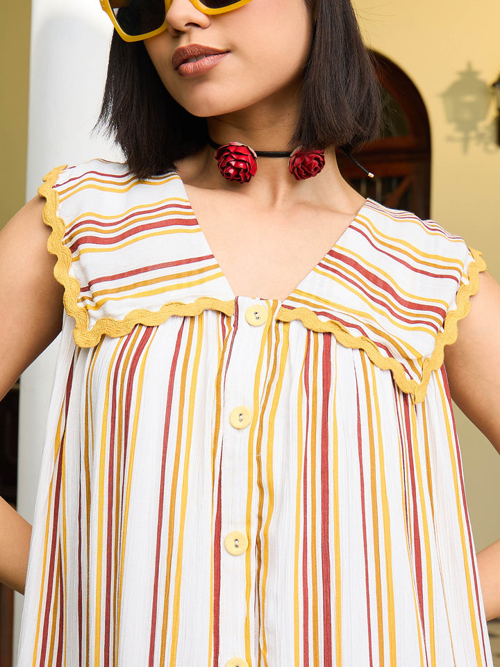 Women White &amp; Yellow Stripes Button Down Short Dress