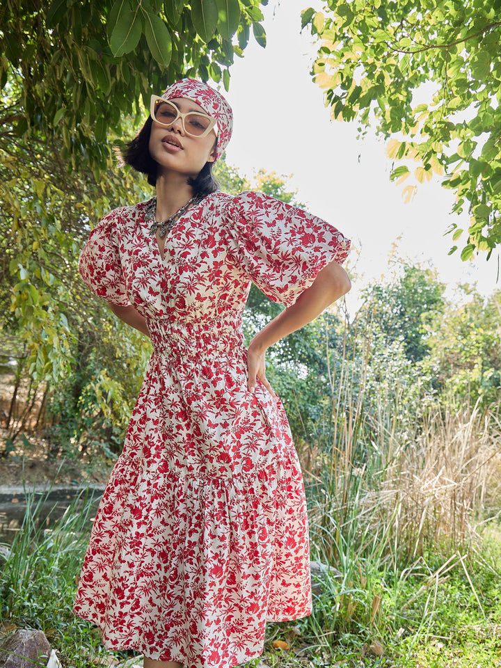 Women White &amp; Red V-Neck Puff Sleeves Midi Dress