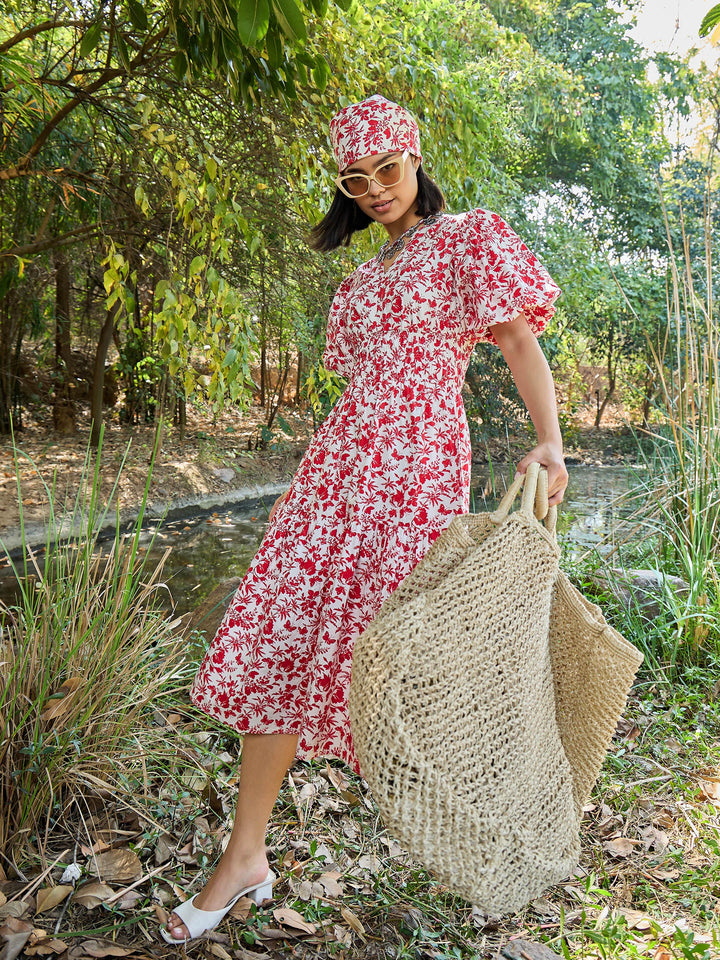 Women White &amp; Red V-Neck Puff Sleeves Midi Dress