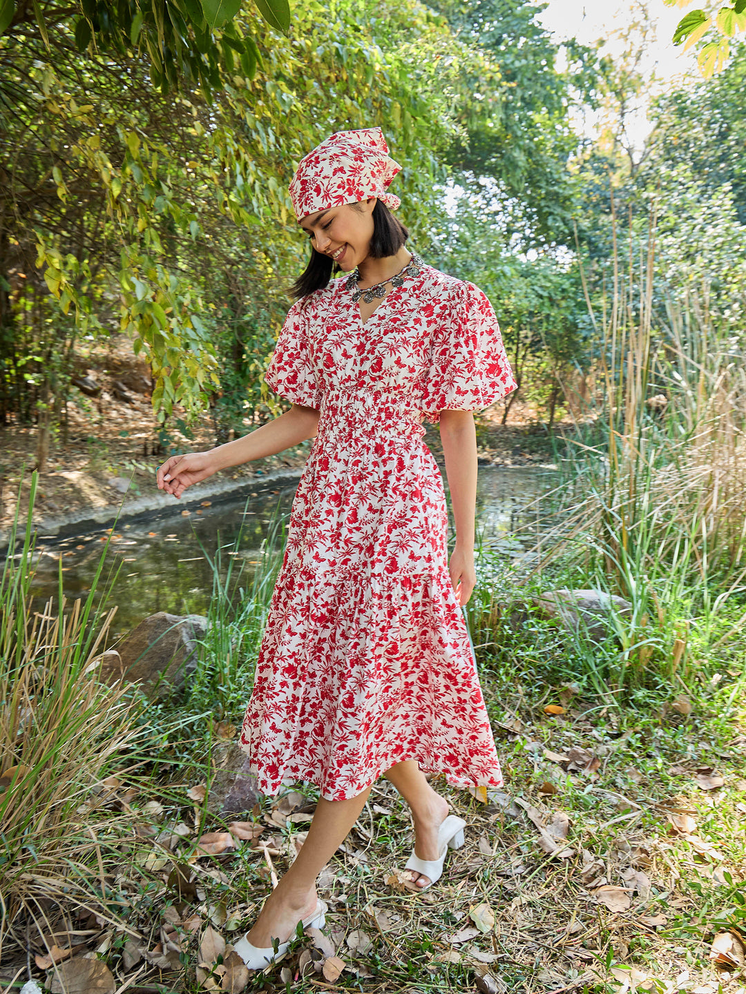 Women White &amp; Red V-Neck Puff Sleeves Midi Dress