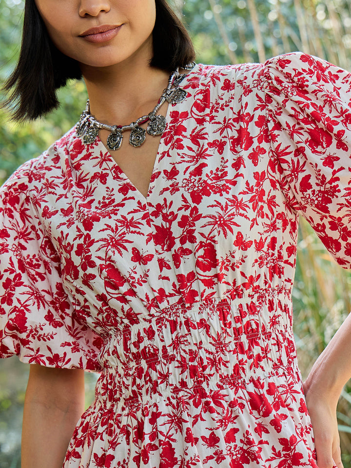 Women White &amp; Red V-Neck Puff Sleeves Midi Dress