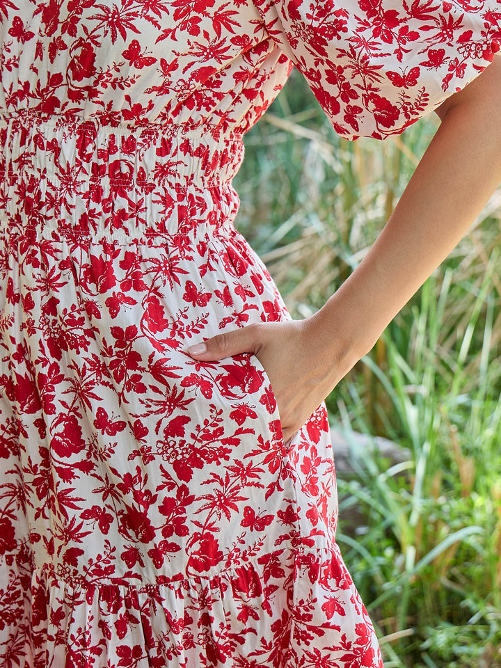 Women White &amp; Red V-Neck Puff Sleeves Midi Dress