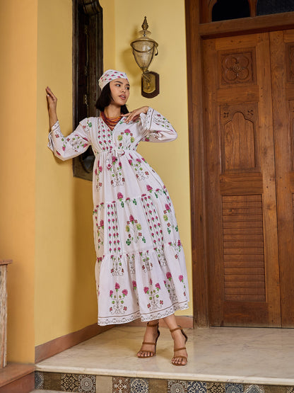 Women White Floral V-Neck Waist Tie Knot Midi Dress