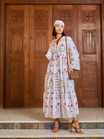 Women White Floral V-Neck Waist Tie Knot Midi Dress