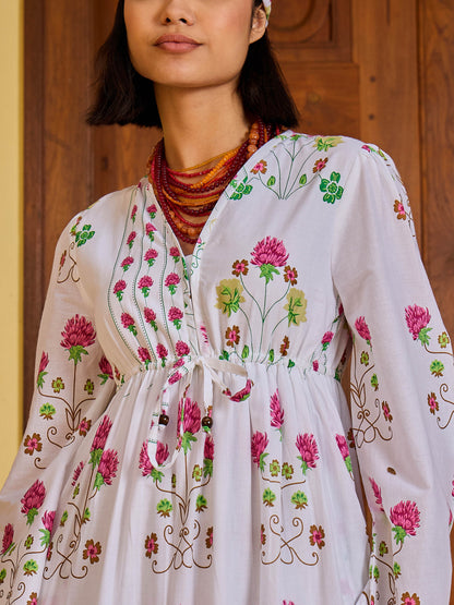 Women White Floral V-Neck Waist Tie Knot Midi Dress