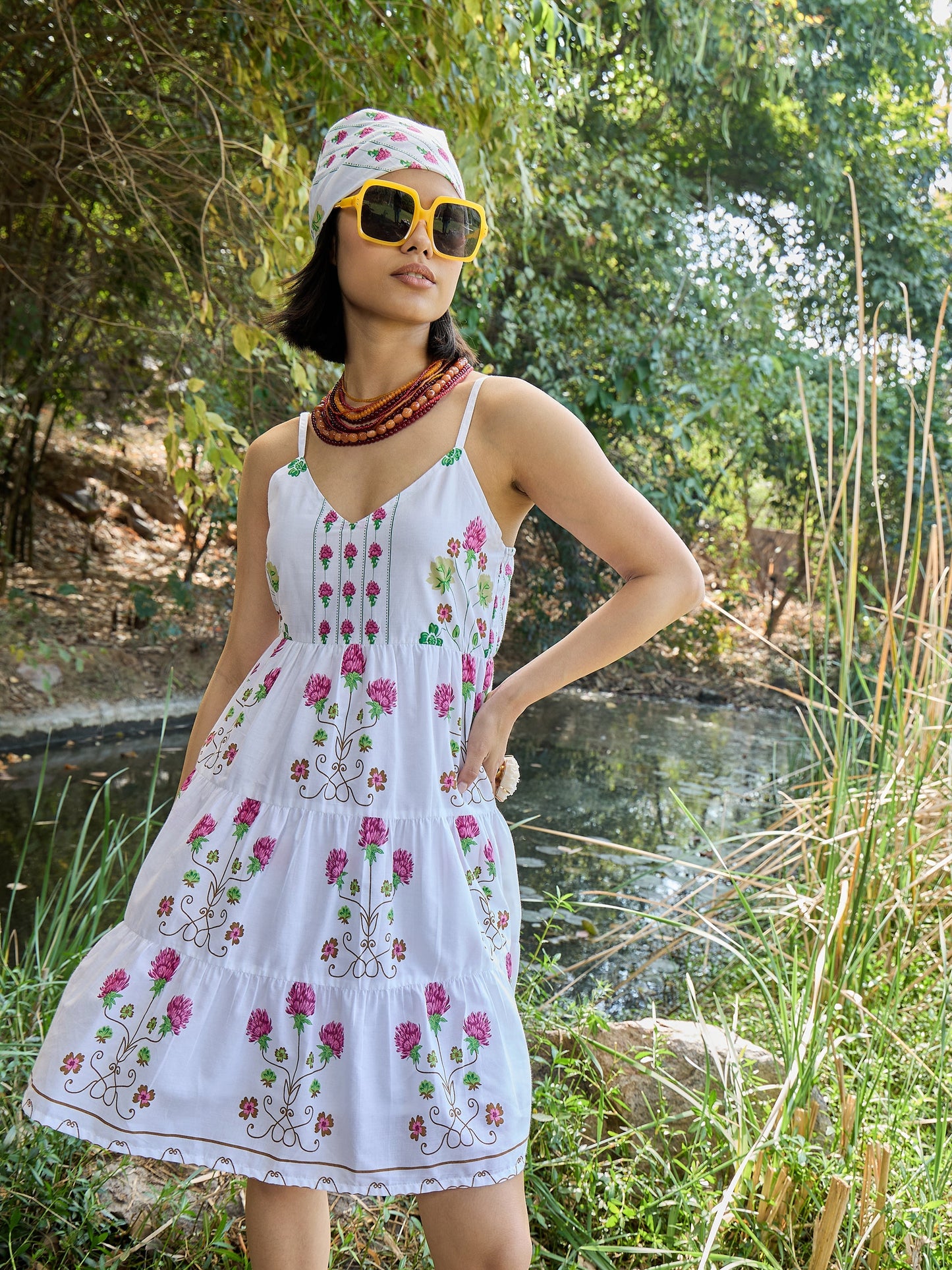 White Floral Strappy Short Tiered Dress