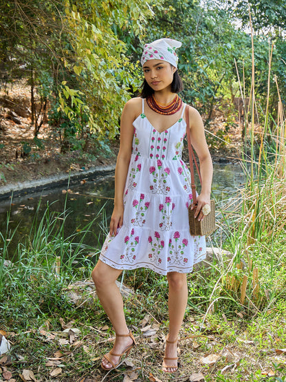 White Floral Strappy Short Tiered Dress