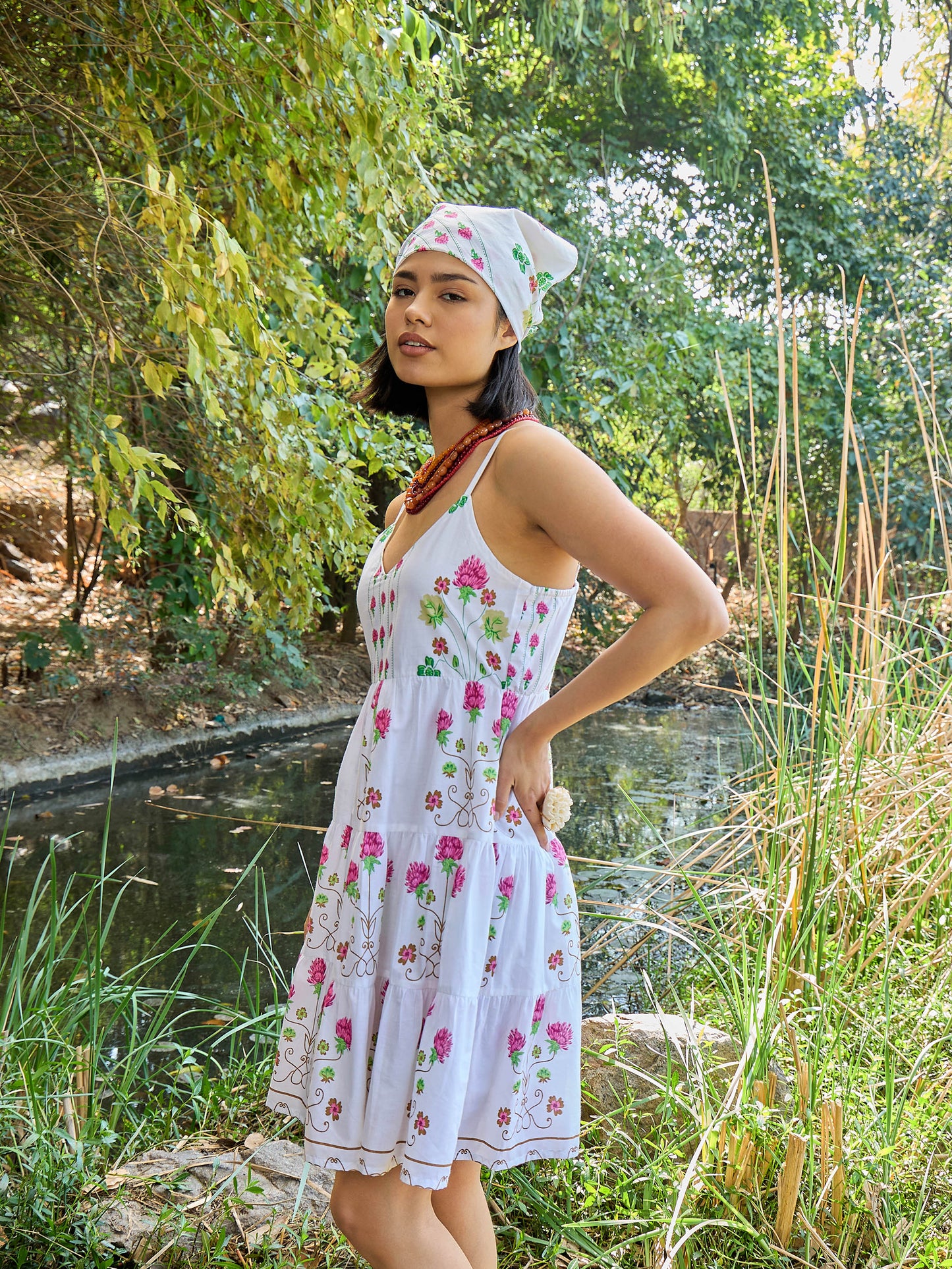 White Floral Strappy Short Tiered Dress