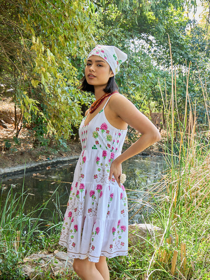 White Floral Strappy Short Tiered Dress