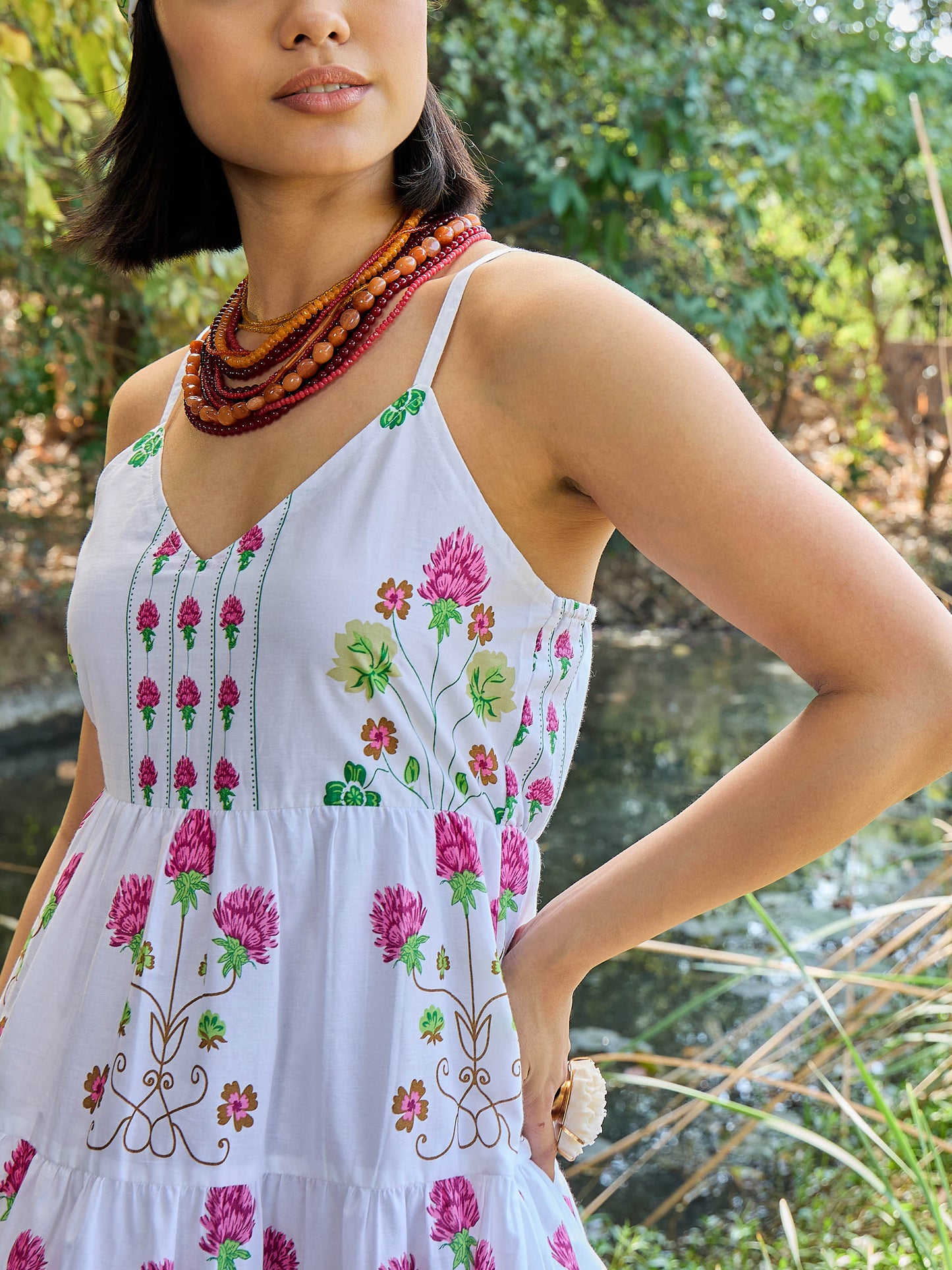 White Floral Strappy Short Tiered Dress