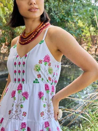 White Floral Strappy Short Tiered Dress