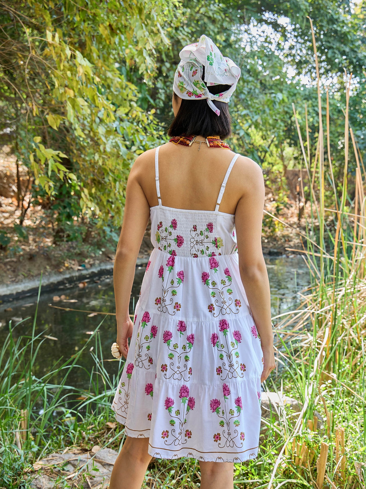 White Floral Strappy Short Tiered Dress