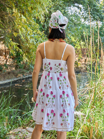 White Floral Strappy Short Tiered Dress