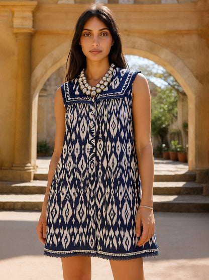 Women Navy & White Ikat Print Button Down Short Dress