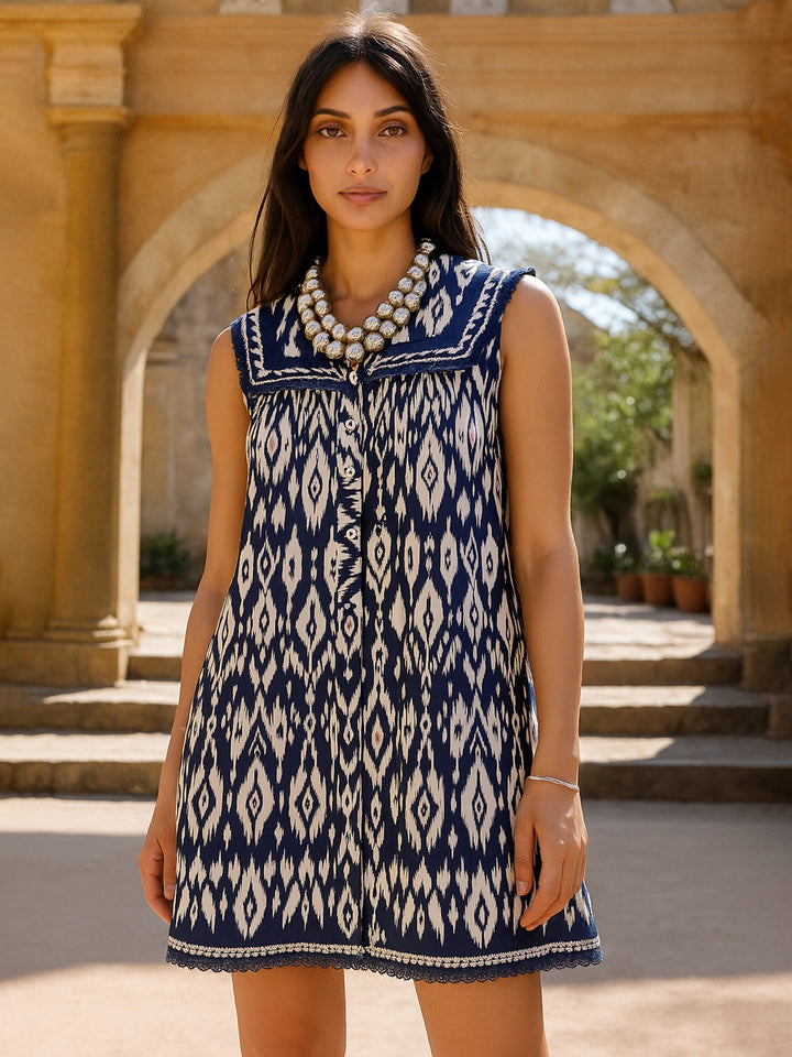 Women Navy &amp; White Ikat Print Button Down Short Dress