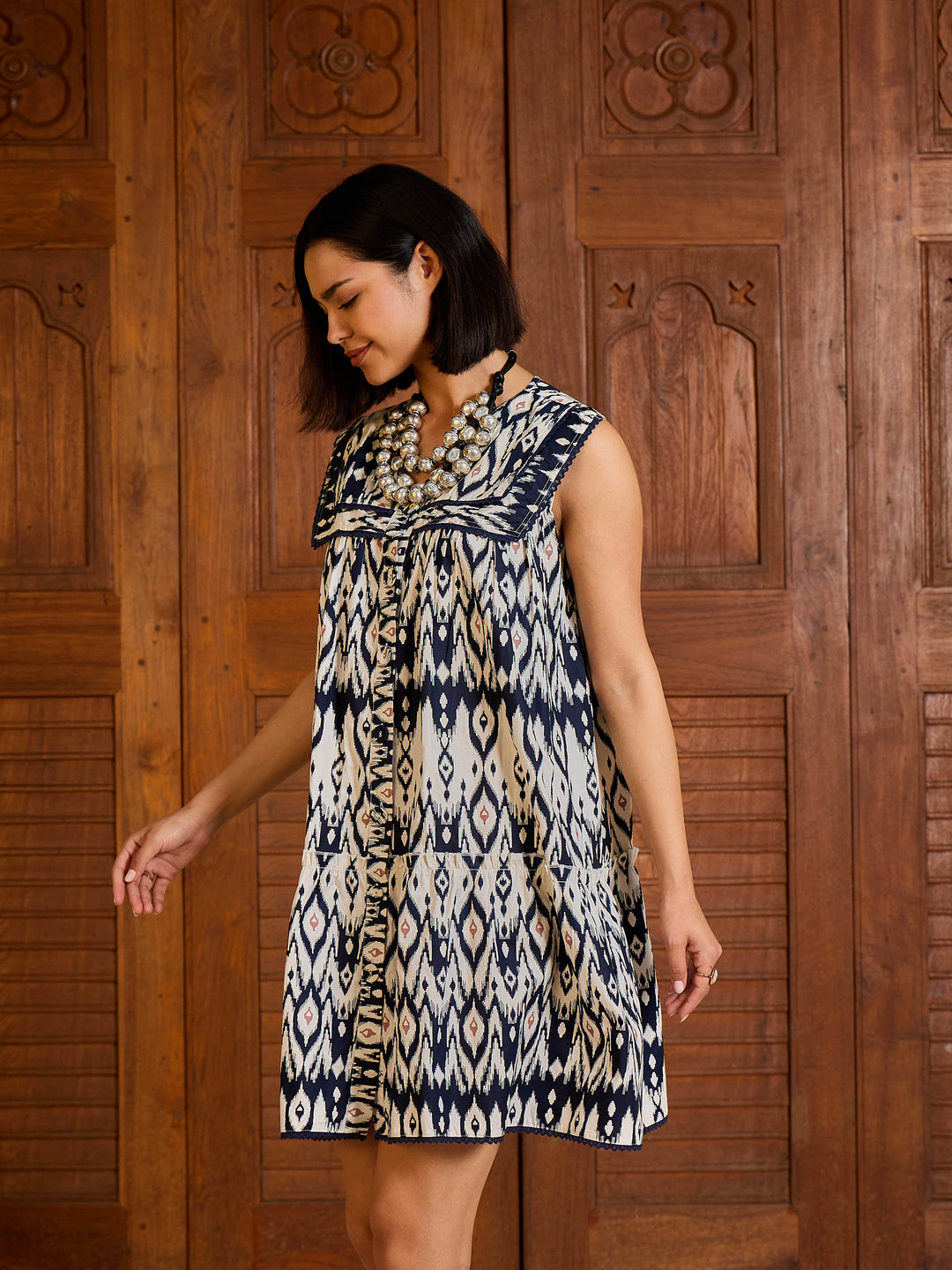 Women Navy &amp; White Ikat Print Button Down Short Dress