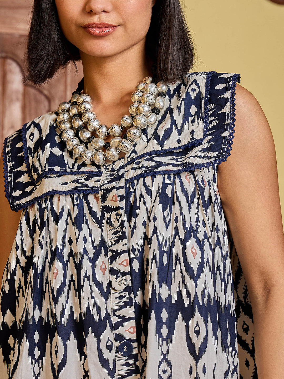 Women Navy &amp; White Ikat Print Button Down Short Dress