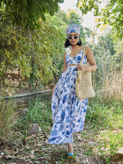 Women White & Blue Floral Front Cut Out Strappy Midi Dress