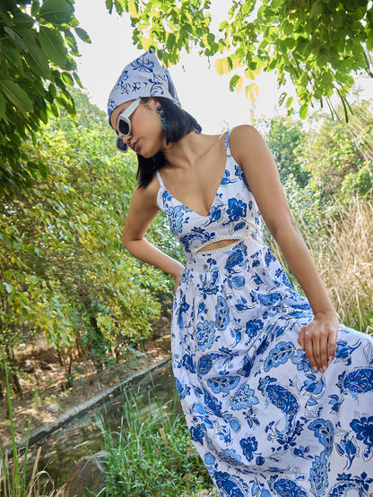 Women White & Blue Floral Front Cut Out Strappy Midi Dress