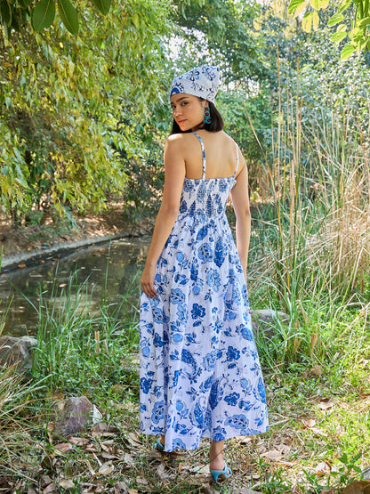 Women White & Blue Floral Front Cut Out Strappy Midi Dress