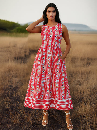Red Floral Round Neck Sleeveless Midi Dress