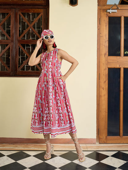 Red Floral Round Neck Sleeveless Midi Dress