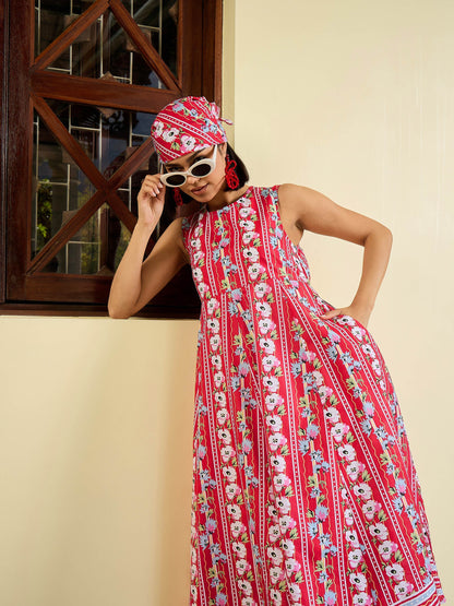 Red Floral Round Neck Sleeveless Midi Dress