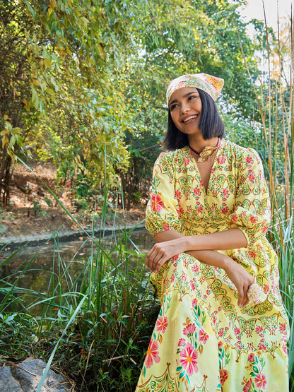 Women Yellow Floral V Neck Gathered Midi Dress