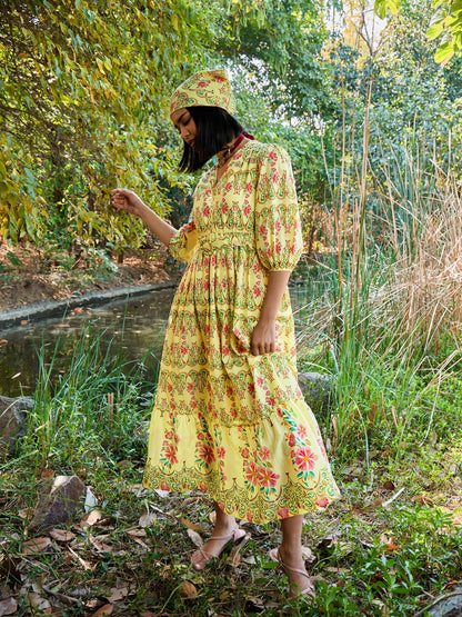 Women Yellow Floral V Neck Gathered Midi Dress