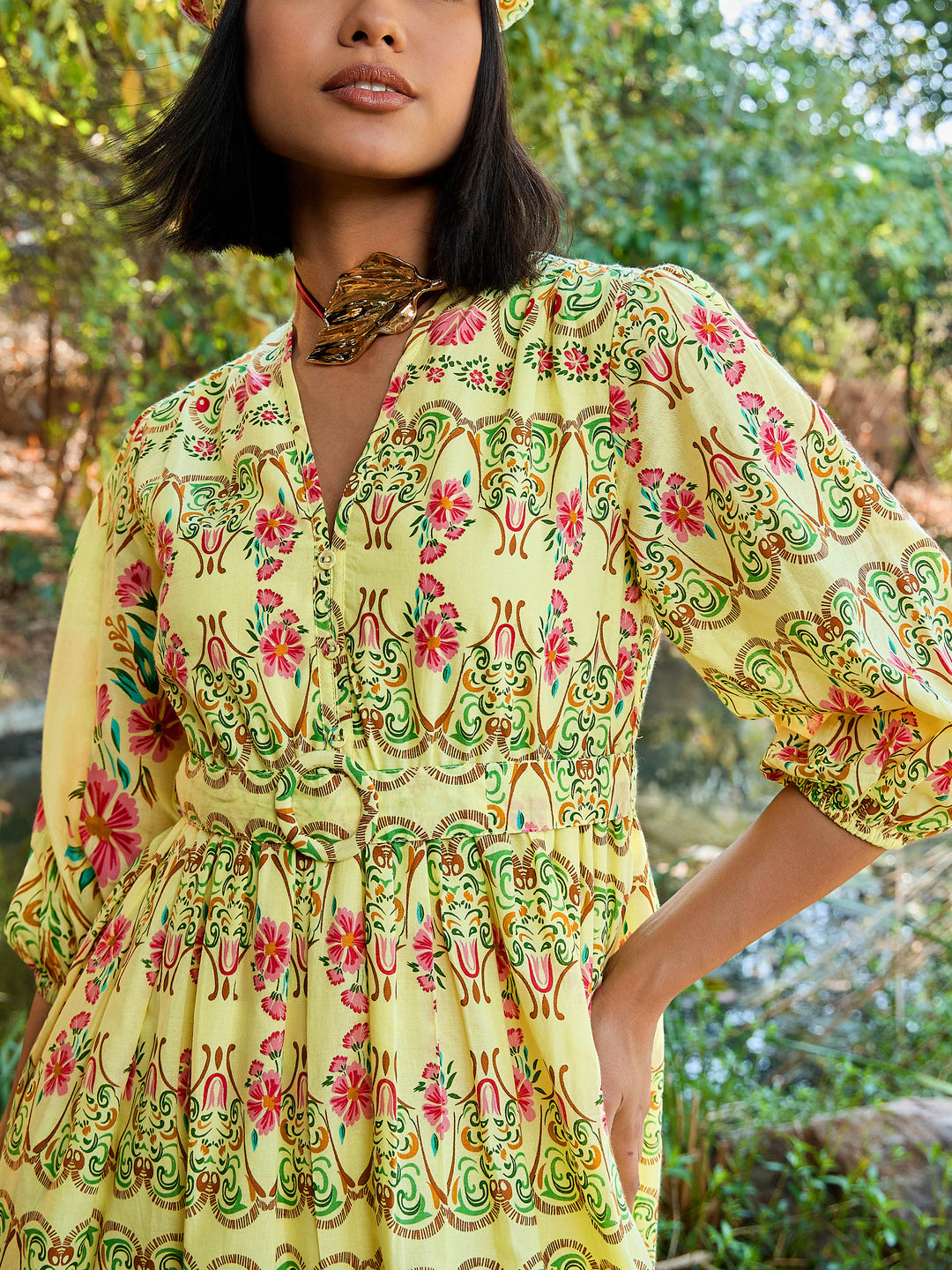 Women Yellow Floral V Neck Gathered Midi Dress