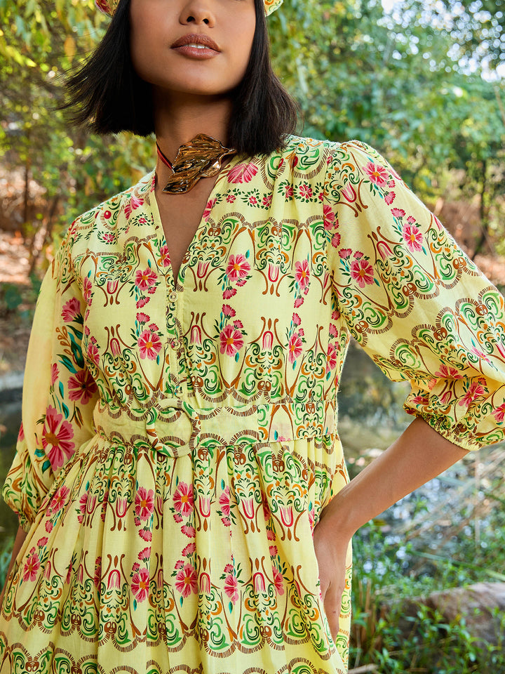 Women Yellow Floral V Neck Gathered Midi Dress