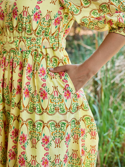 Women Yellow Floral V Neck Gathered Midi Dress