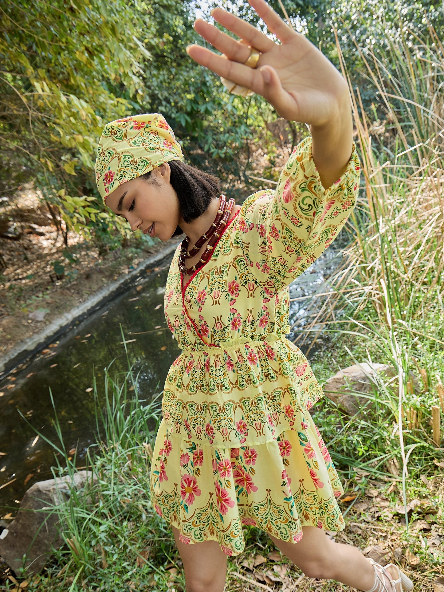 Yellow Floral Wrap Neck Short Dress